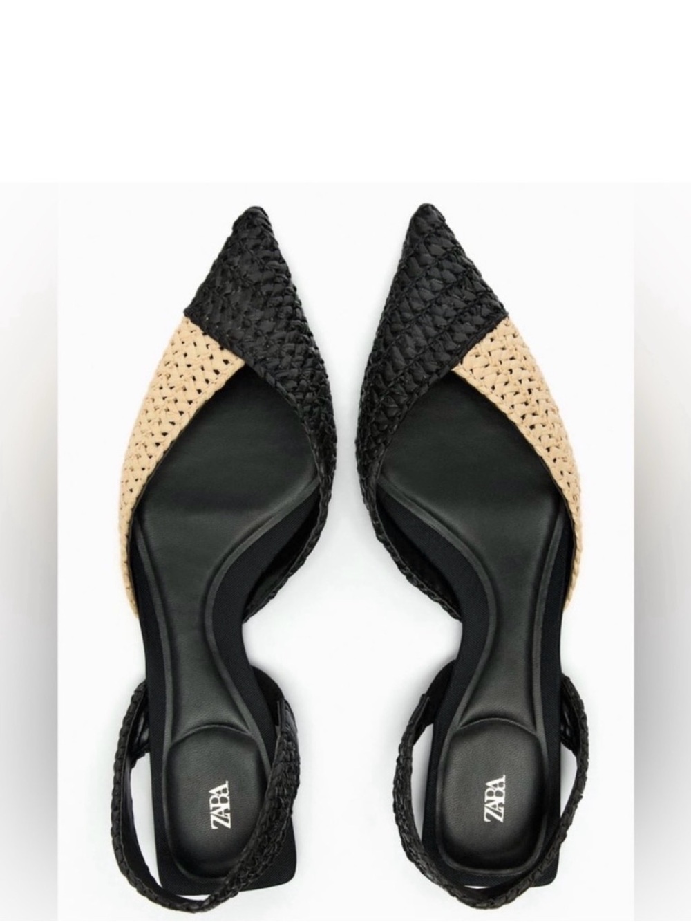 ZARA Two-Tone Raffia Pointed Slingback Flats - Black & Beige